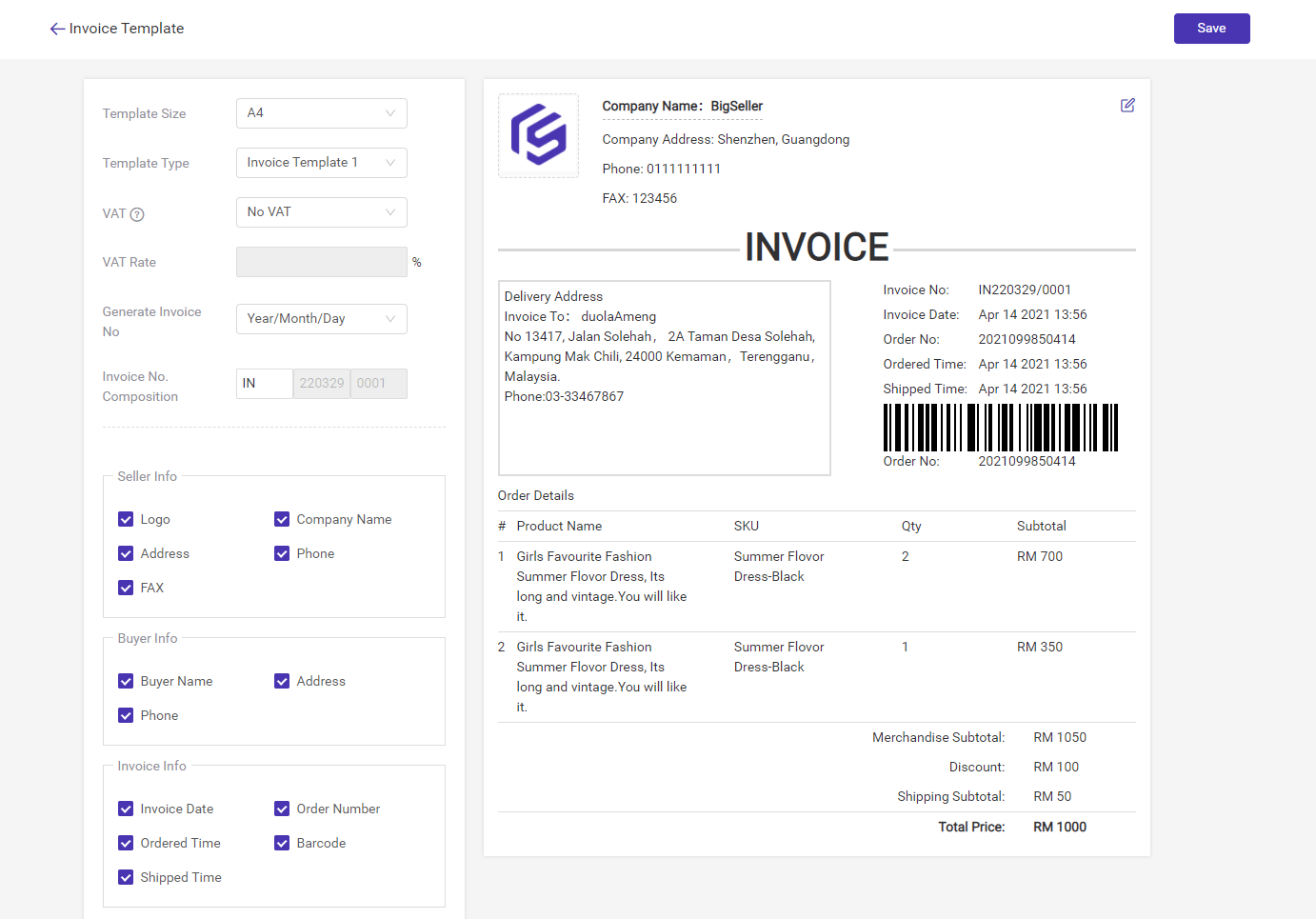 After setting the invoice template, you can print or download invoice